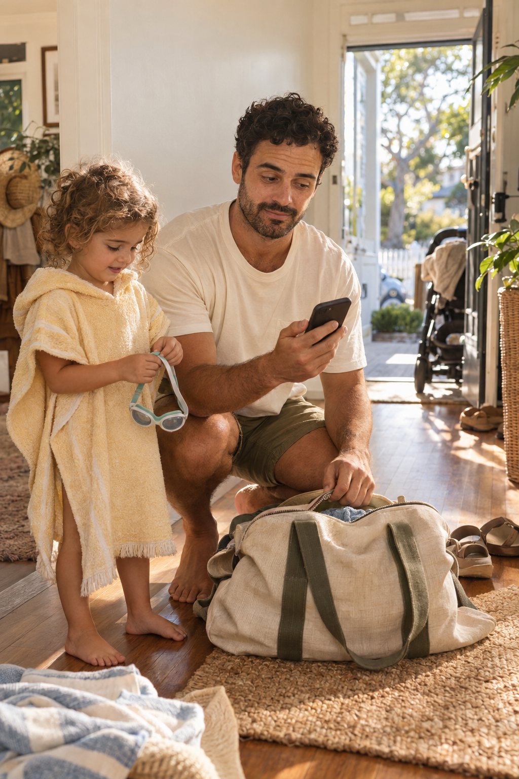 Alex crouches in a sunlit hallway beside Mia in a towel poncho, checking his phone next to the swim bag