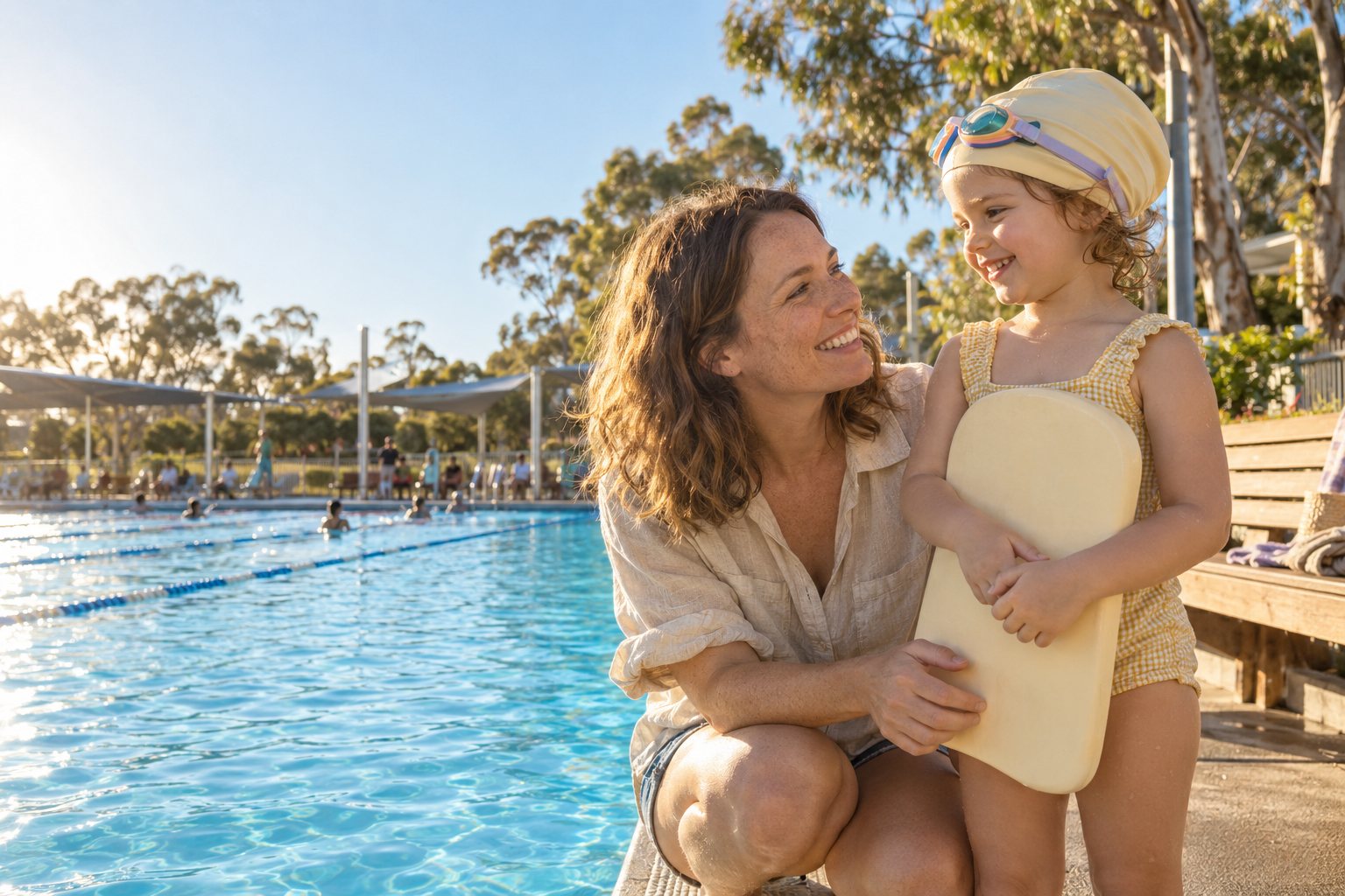 Sarah crouches beside Mia, in her swim cap and holding a kickboard, at an outdoor council pool
