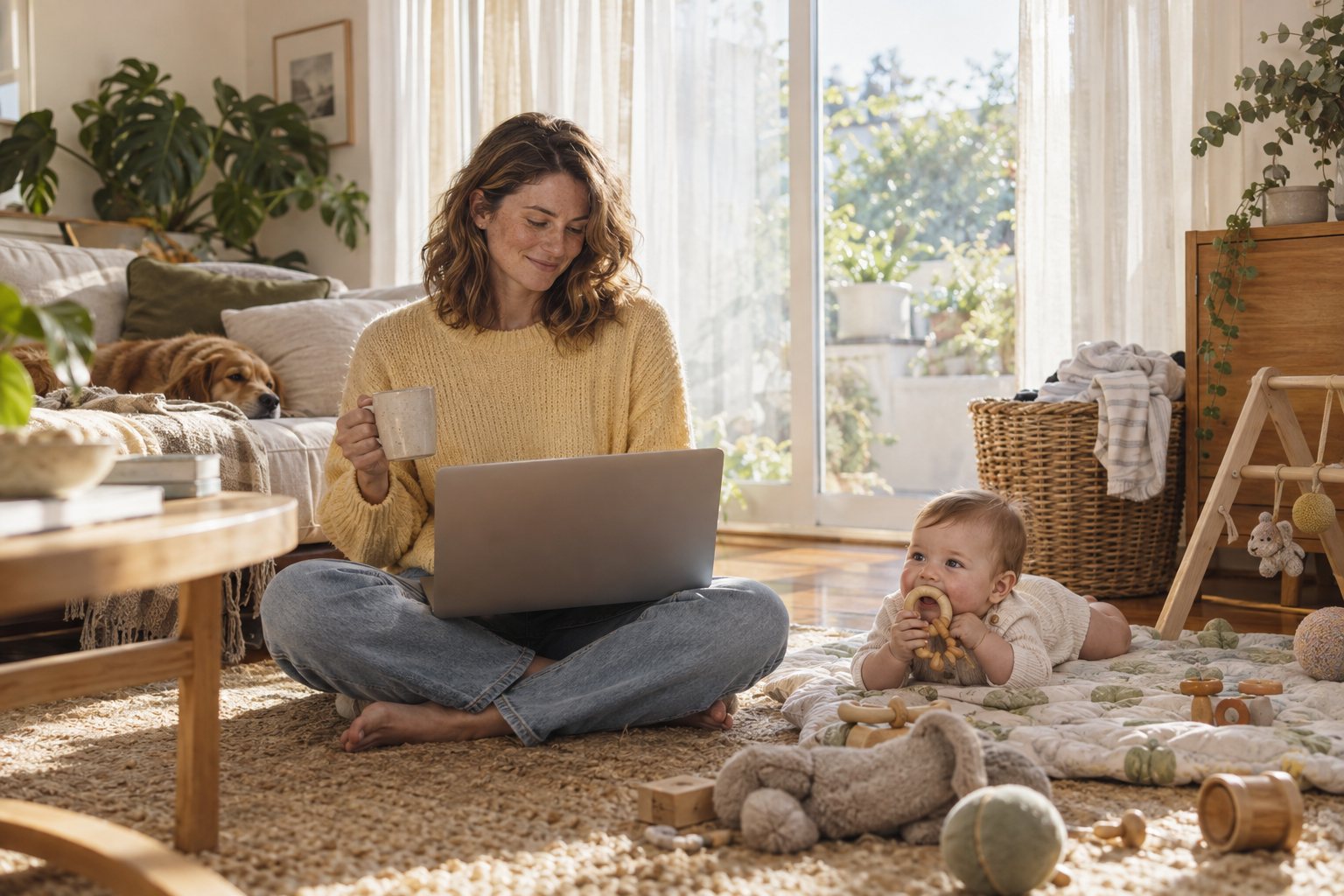 Sarah sits cross legged on the living room floor with a laptop and a cup of tea while Charlie chews a toy on his play mat