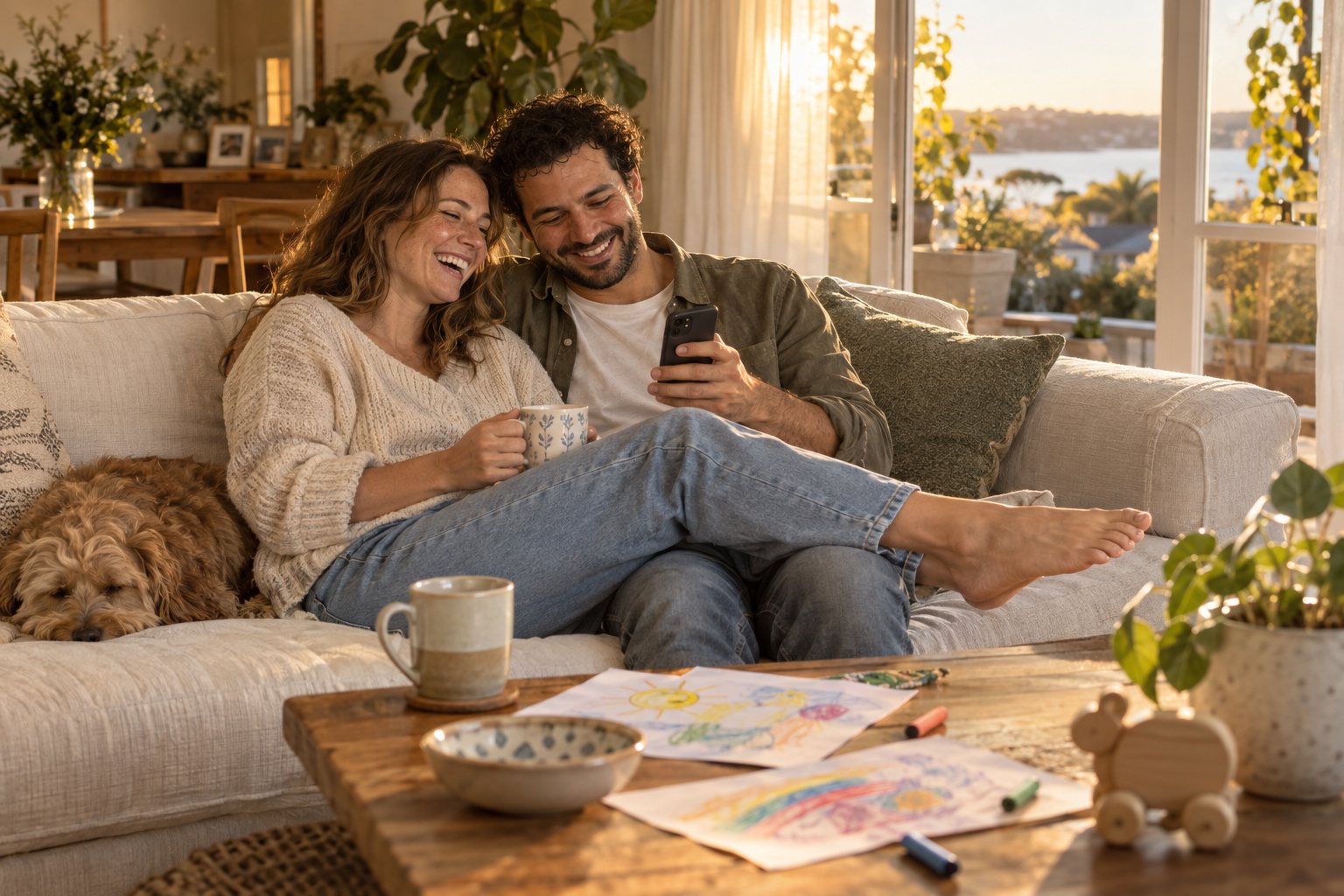 Sarah and Alex laugh together on a linen couch in warm afternoon light while Alex holds his phone