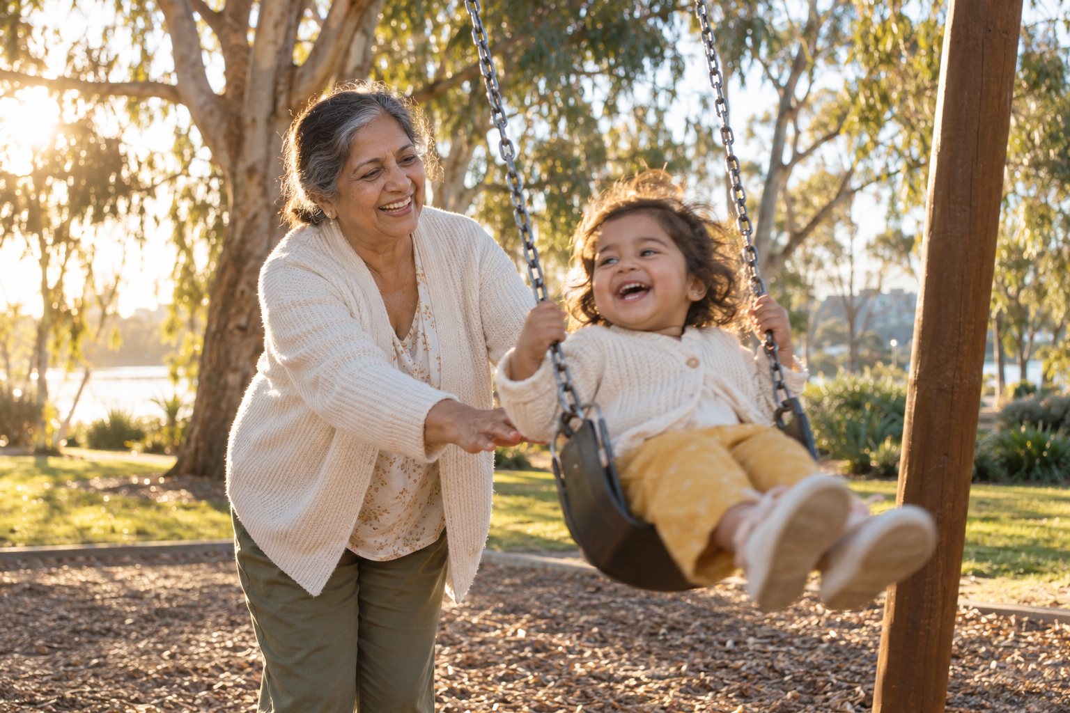 A grandmother laughs as she pushes her granddaughter on a park swing