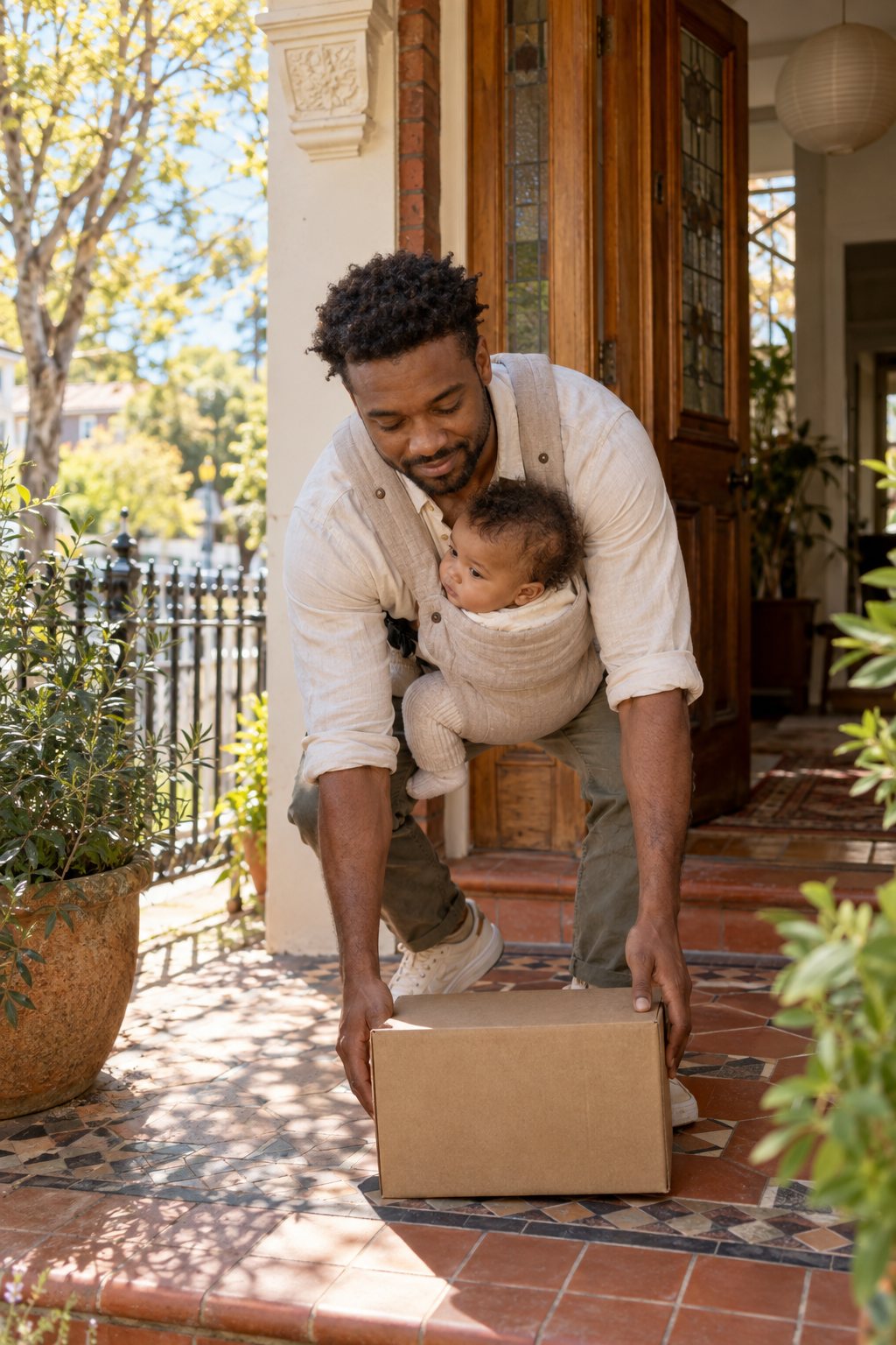 A dad with his baby in a front carrier bends to pick up a delivery box from the front step