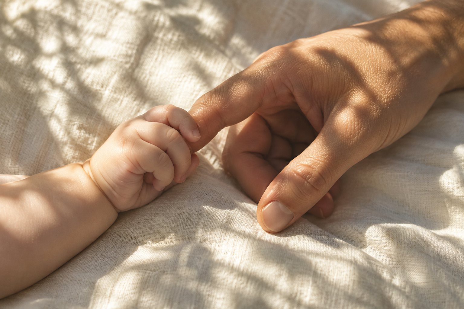 A baby&rsquo;s hand wrapped around a parent&rsquo;s finger in dappled sunlight