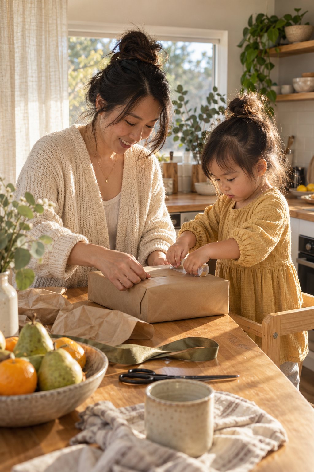 A mum and her toddler wrap a birthday present in brown paper at the kitchen bench